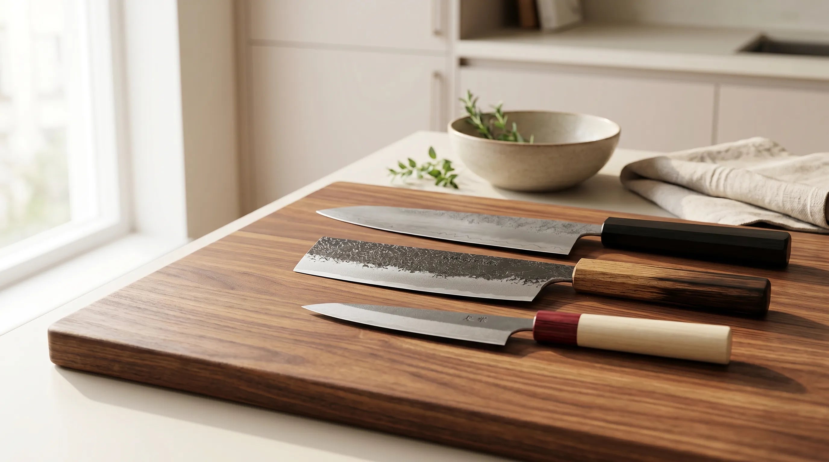 A view of three knives on a wooden cutting board in a kitchen scene ready to begin making a meal