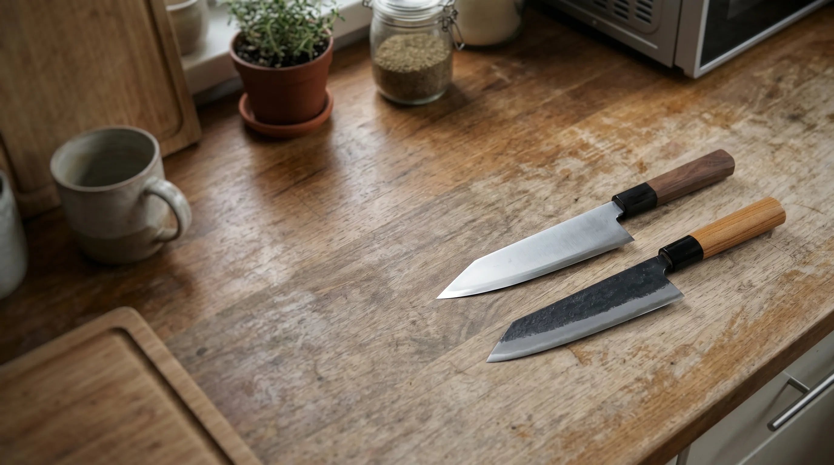A pair of bunka knives on a kitchen worktop ready to begin prepping a meal