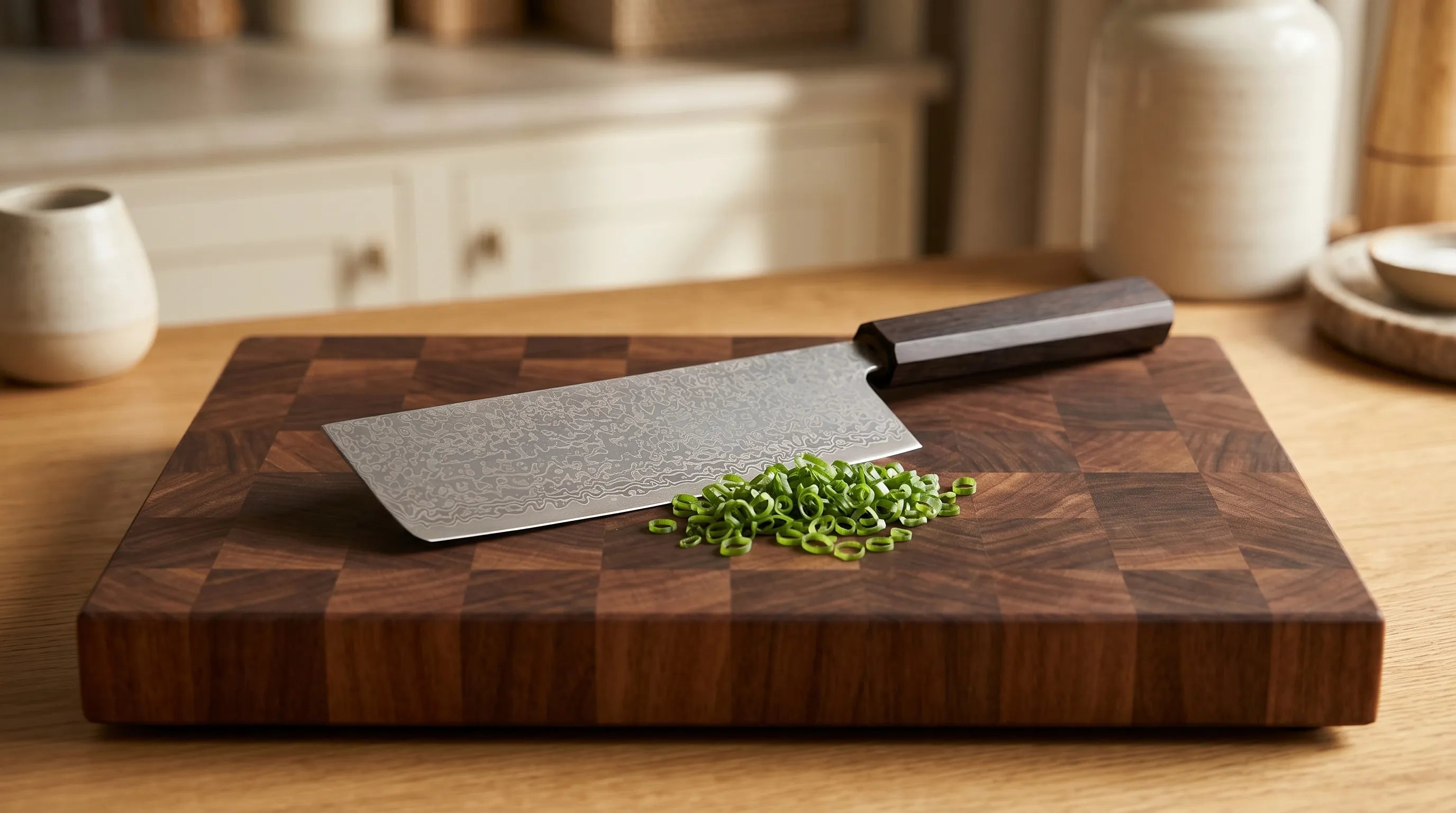 Photo of a Masutani Hamono nakiri knife showing the blade detail and blue handle