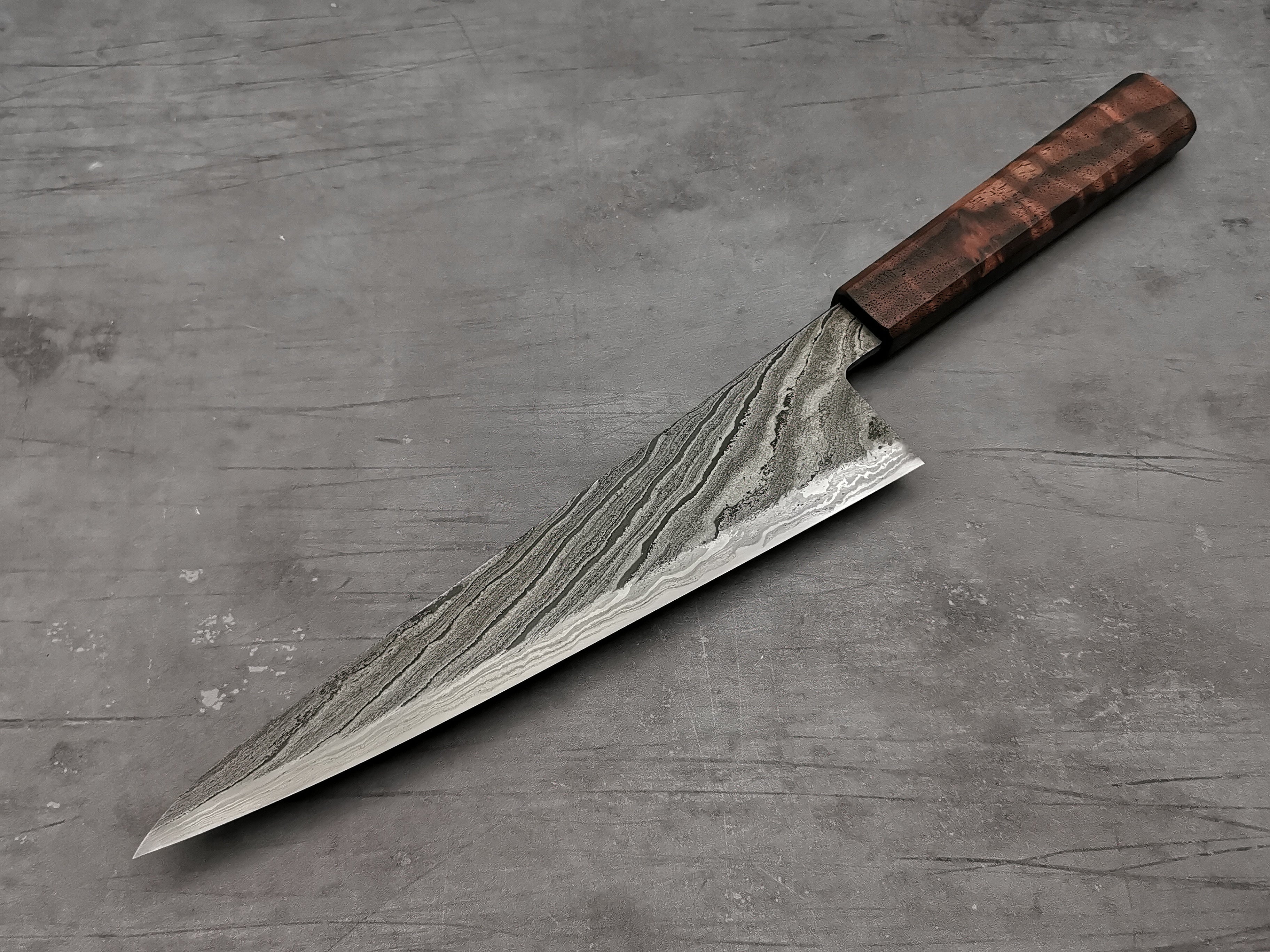 Simon Maillet 135Cr3 Twisted Suminagashi Gyuto 220mm