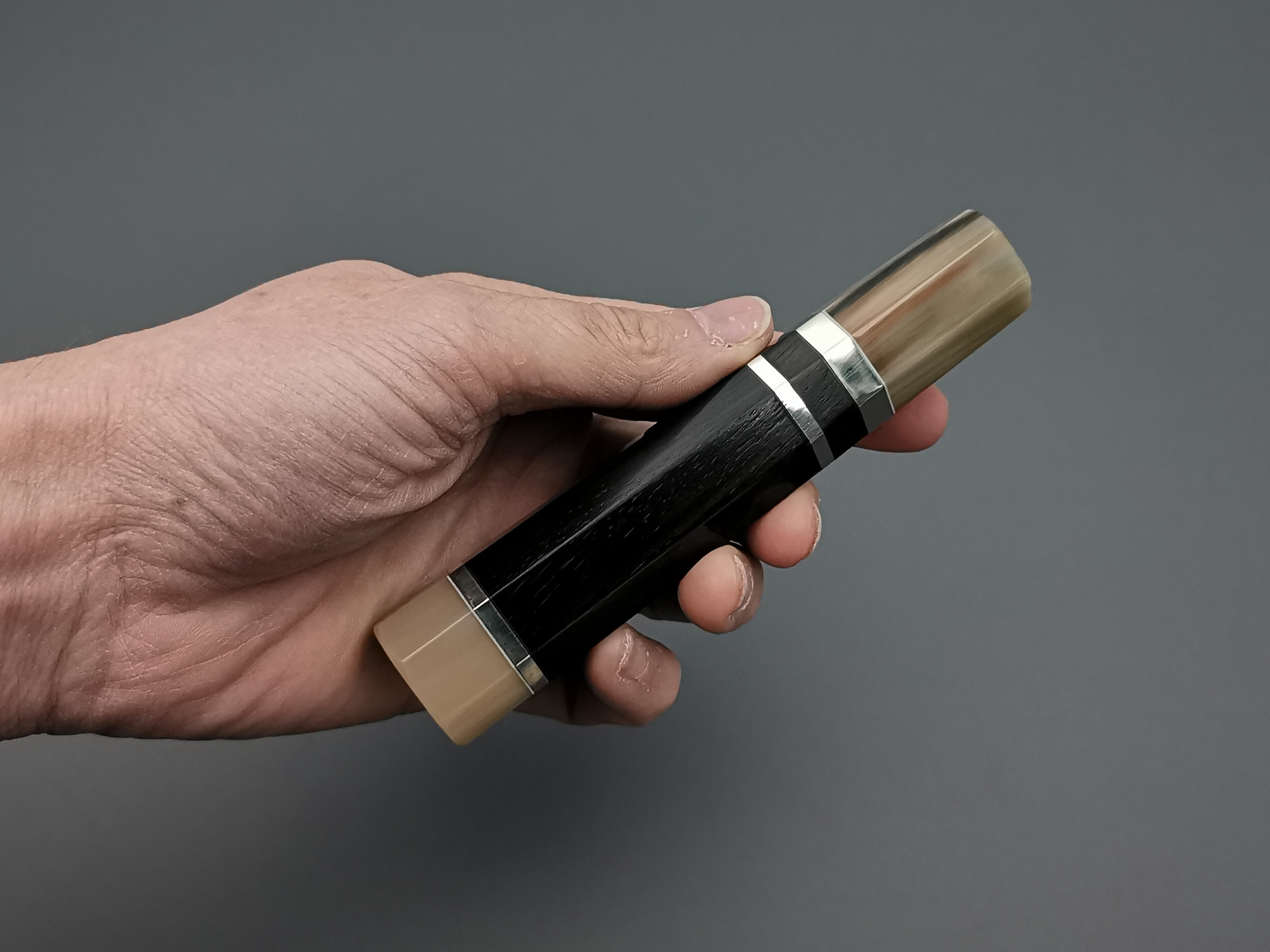 Ebony handle with double marble buffalo horn and triple nickel silver rings