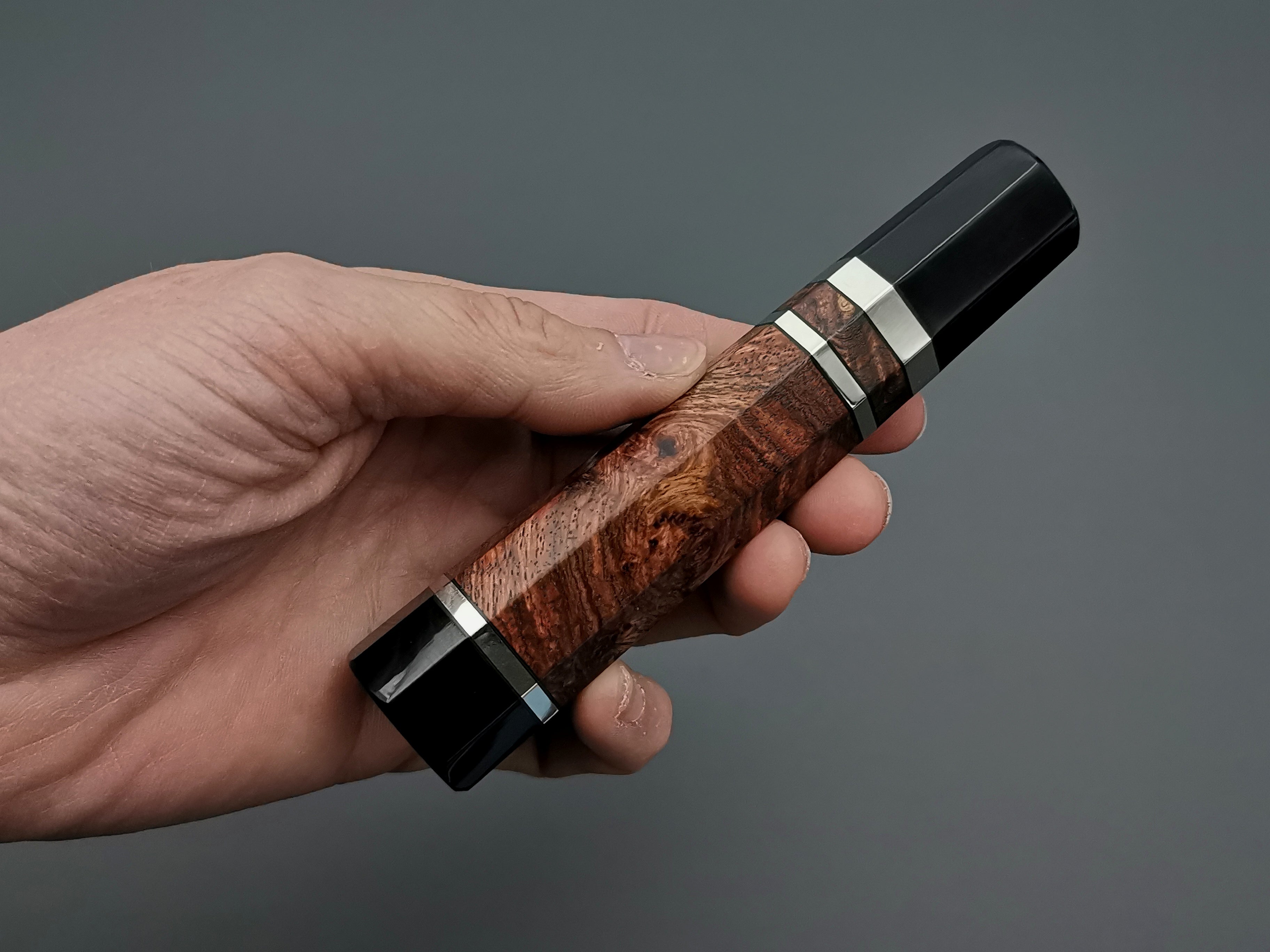 Bubinga burl with double black buffalo horn and triple nickel silver rings