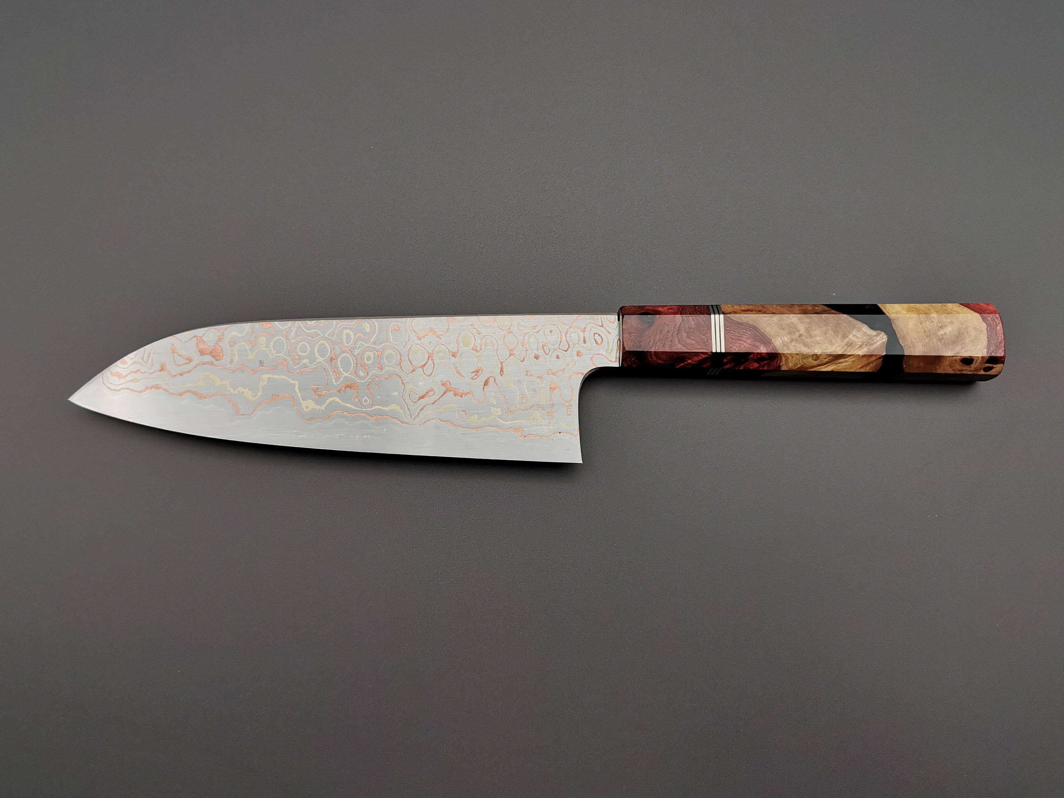 Nigara Hamono x Myojin Naohito Rainbow Damascus Santoku