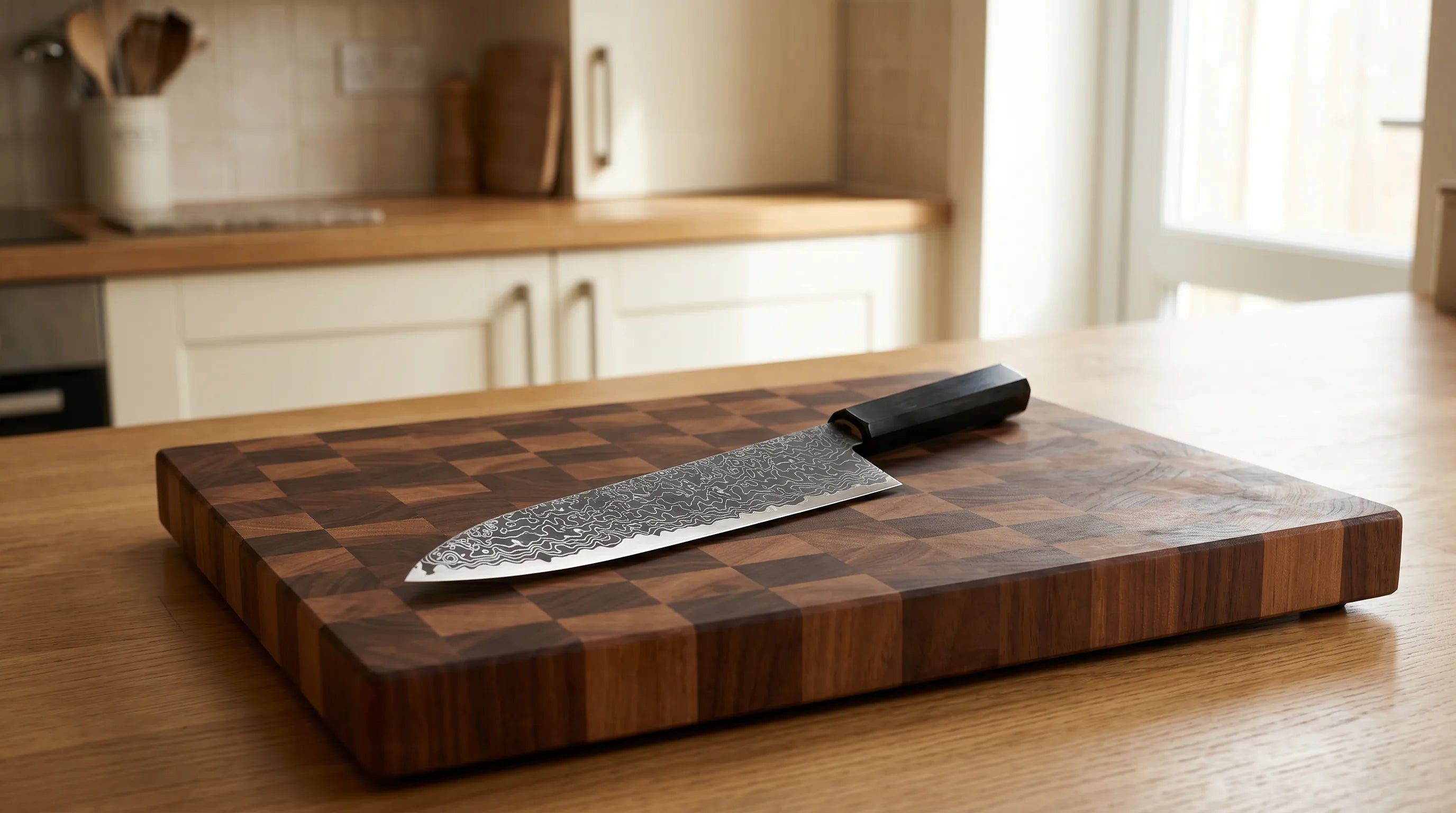 Photo of a Masakage Shimo gyuto knife showing the blade pattern and handle detail