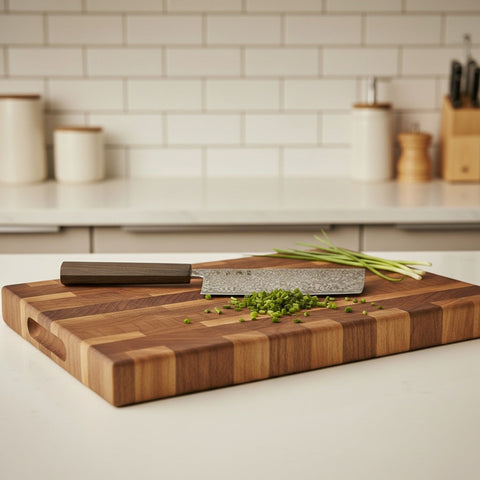 A photo of a Hatsukokoro Hikari nakiri just finished slicing some spring onion on a wooden cutting board