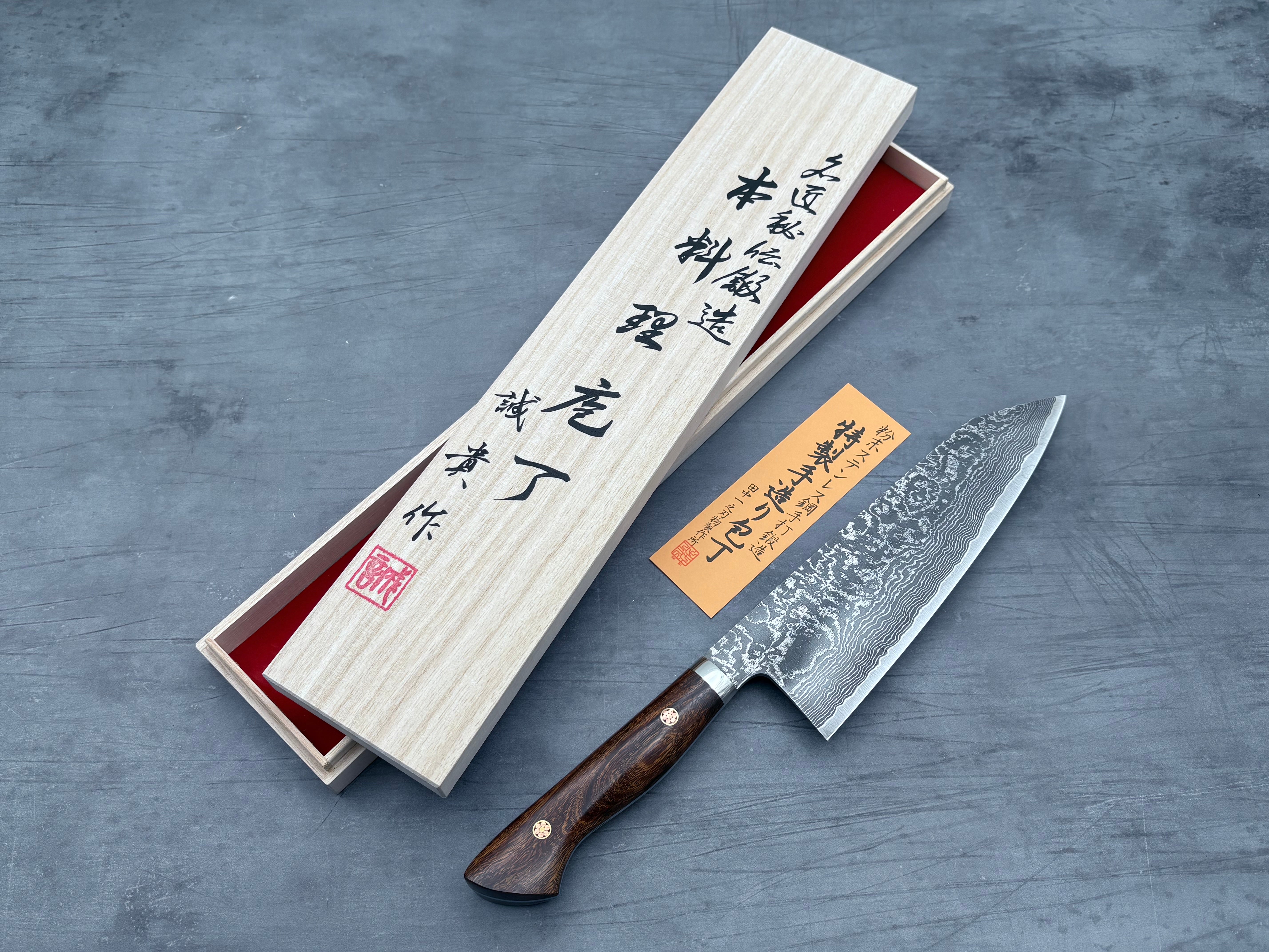 Shigeki Tanaka R2 Damascus Ironwood Extra-Tall Kiritsuke Gyuto