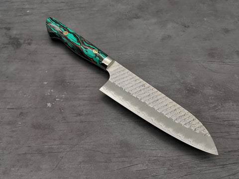 Nigara Hamono SG2 Tsuchime Santoku with Turquoise Handle