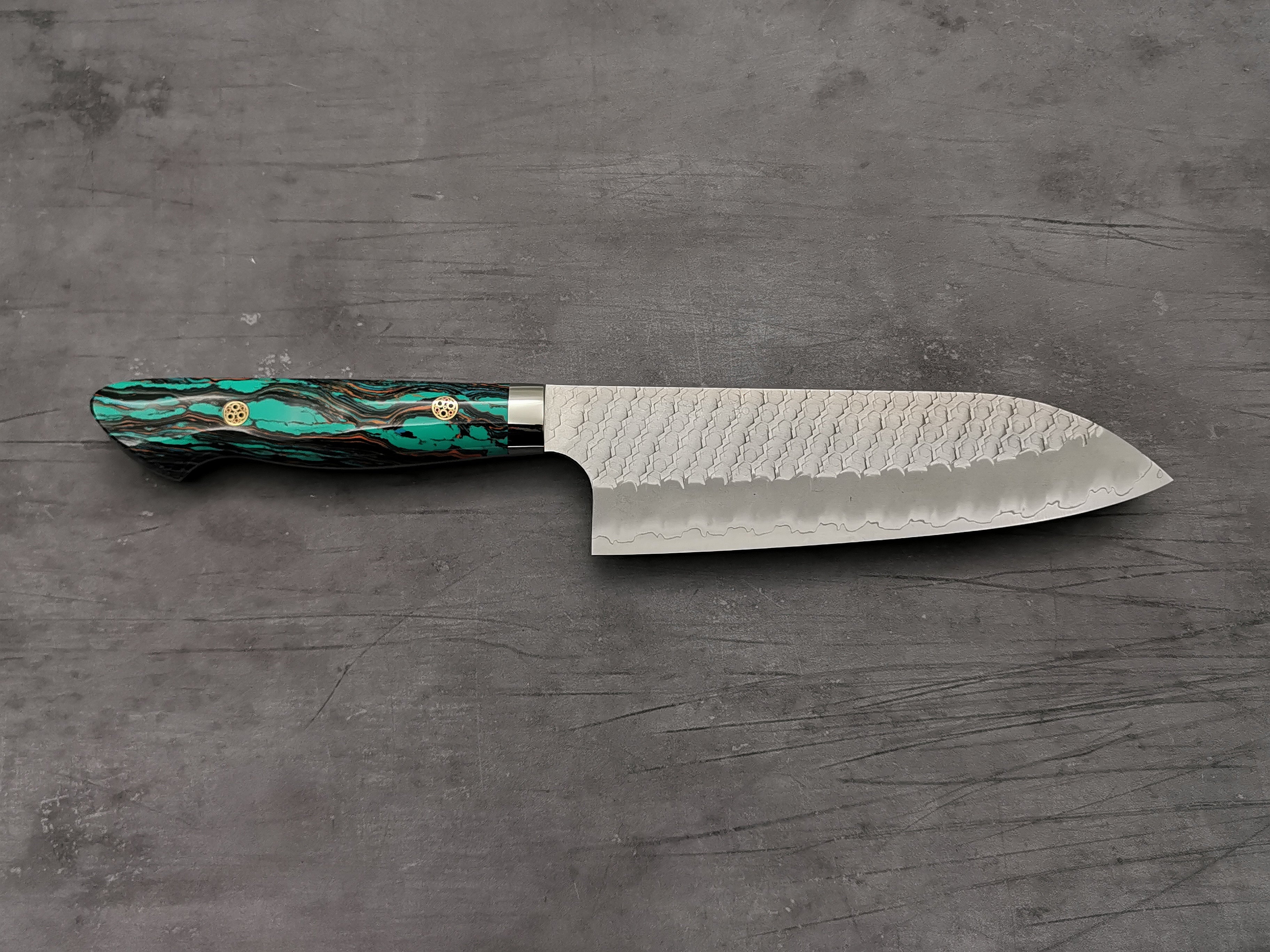 Nigara Hamono SG2 Tsuchime Santoku with Turquoise Handle