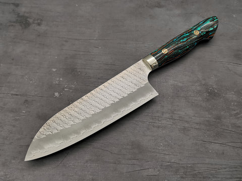 Nigara Hamono SG2 Tsuchime Santoku with Turquoise Handle