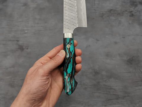 Nigara Hamono SG2 Tsuchime Santoku with Turquoise Handle