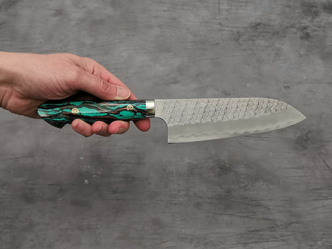 Nigara Hamono SG2 Tsuchime Santoku with Turquoise Handle