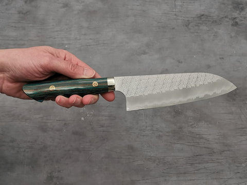 Nigara Hamono SG2 Tsuchime Santoku with Turquoise Handle