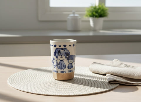 Mino Ware Yunomi Chawan Long Tea Cup - Dog Family