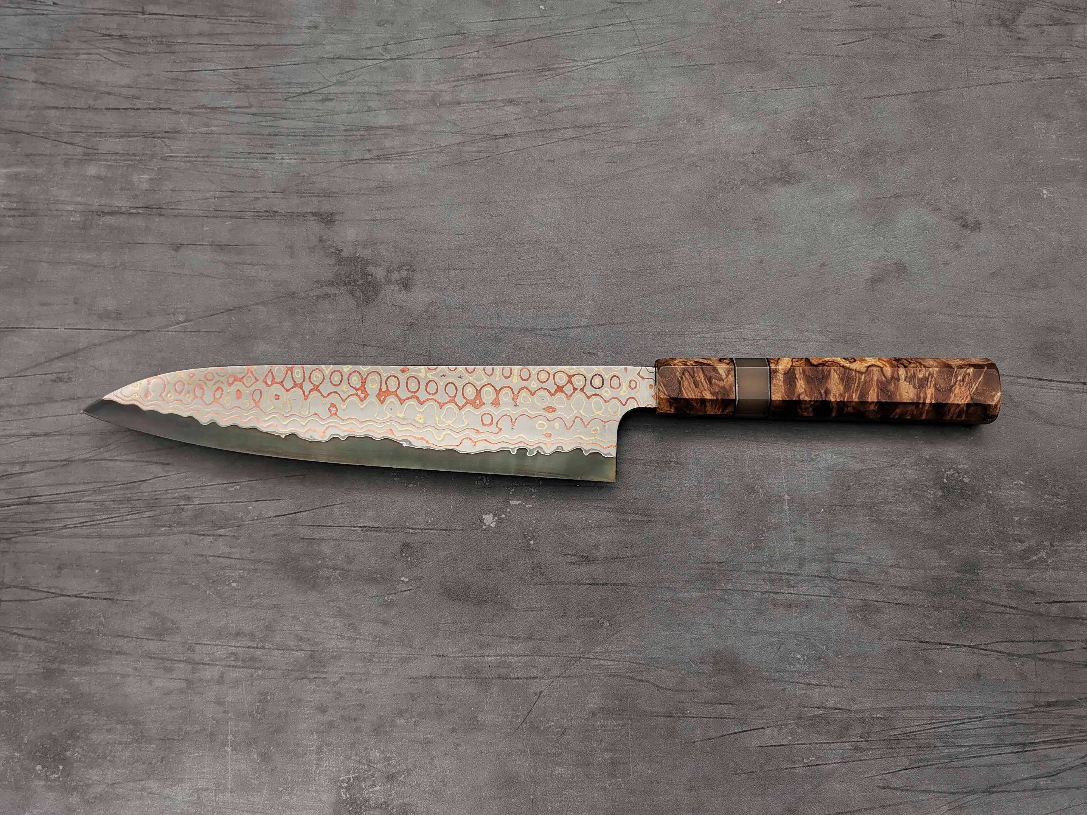 Nigara Hamono Rainbow Damascus Gyuto 240mm with custom ambonya handle