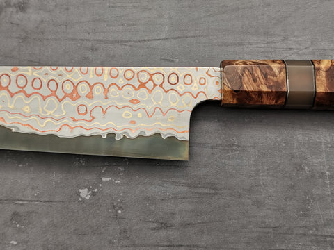 Nigara Hamono Rainbow Damascus Gyuto 240mm with custom ambonya handle