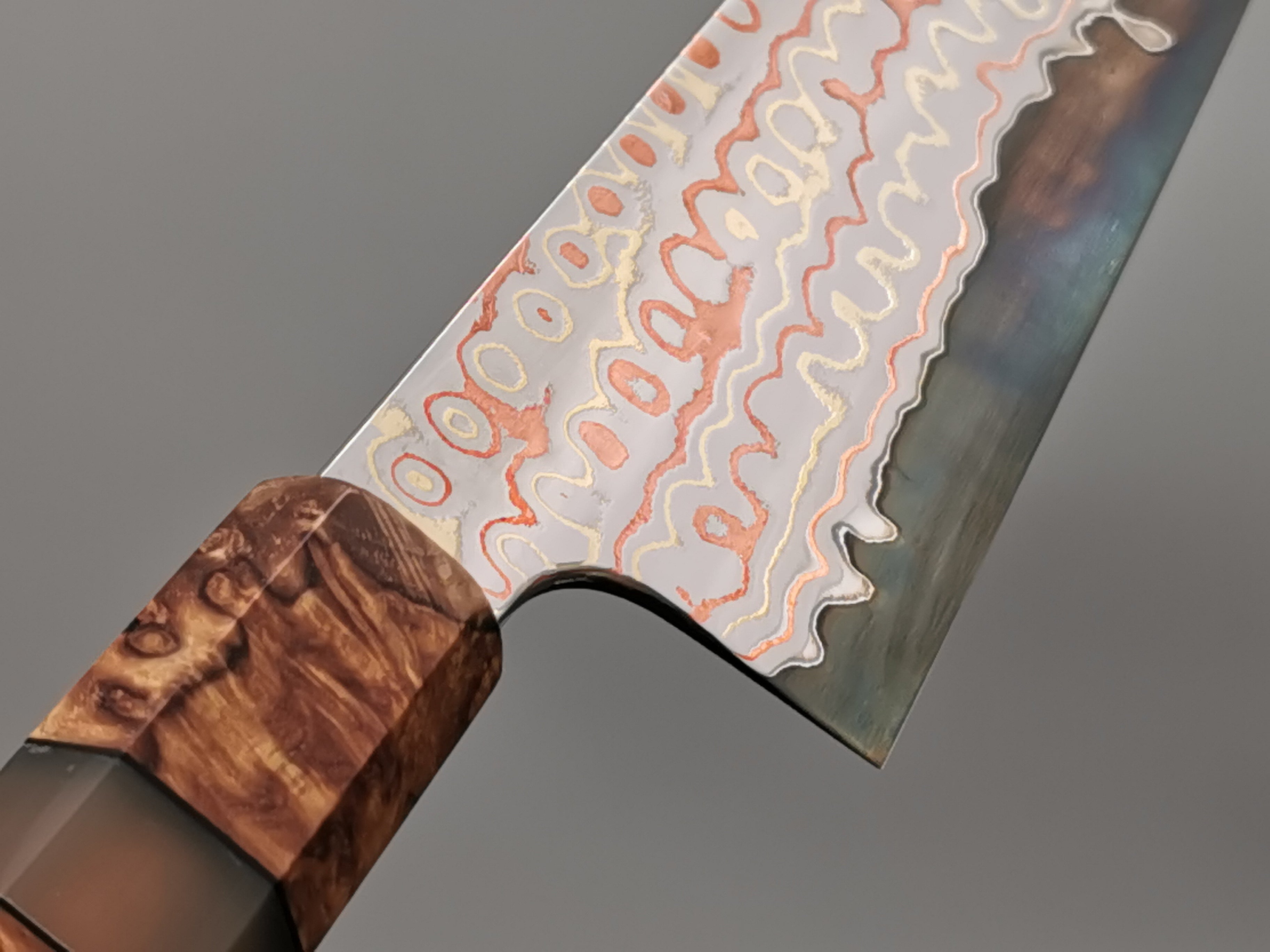 Nigara Hamono Rainbow Damascus Gyuto 240mm with custom ambonya handle