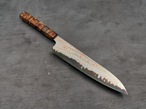 Nigara Hamono Rainbow Damascus Gyuto 240mm with custom ambonya handle