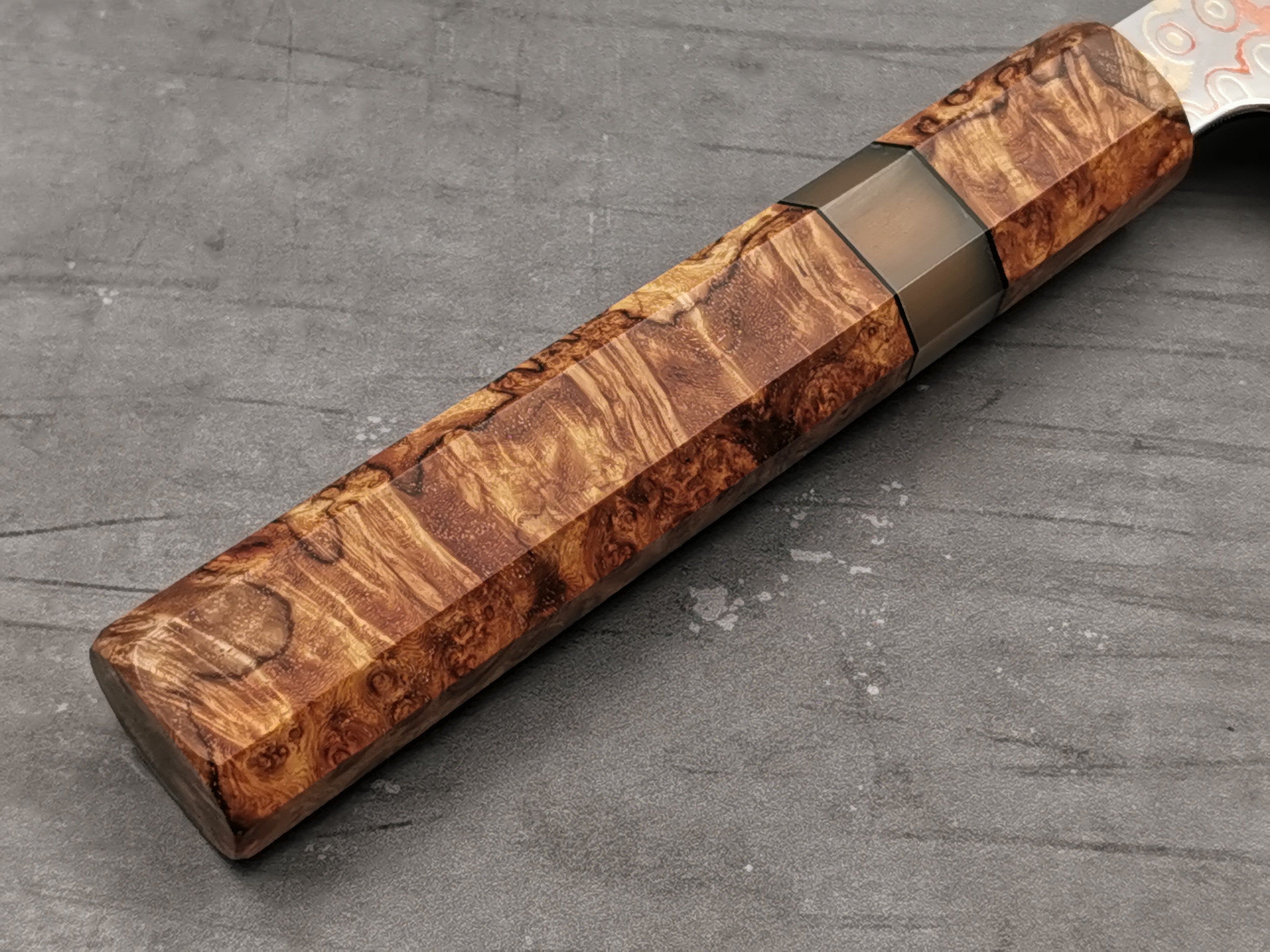 Nigara Hamono Rainbow Damascus Gyuto 240mm with custom ambonya handle