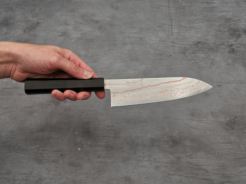 Hatsukokoro Hayabusa Blue #2 Rainbow Damascus Santoku