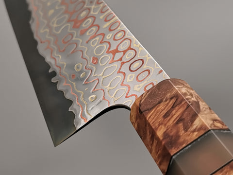 Nigara Hamono Rainbow Damascus Gyuto 240mm with custom ambonya handle