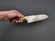 Takeshi Saji VG10 Rainbow Damascus Santoku with orange bone handle