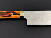 Takeshi Saji VG10 Rainbow Damascus nakiri with orange bone handle