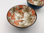 Mino Ware Ceramic Pair of Rice Bowls - Blue & Red Magnolia