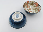 Mino Ware Ceramic Pair of Rice Bowls - Blue & Red Magnolia