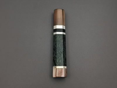 Blue/Green stabilised maple with double marble buffalo horn and triple nickel silver rings