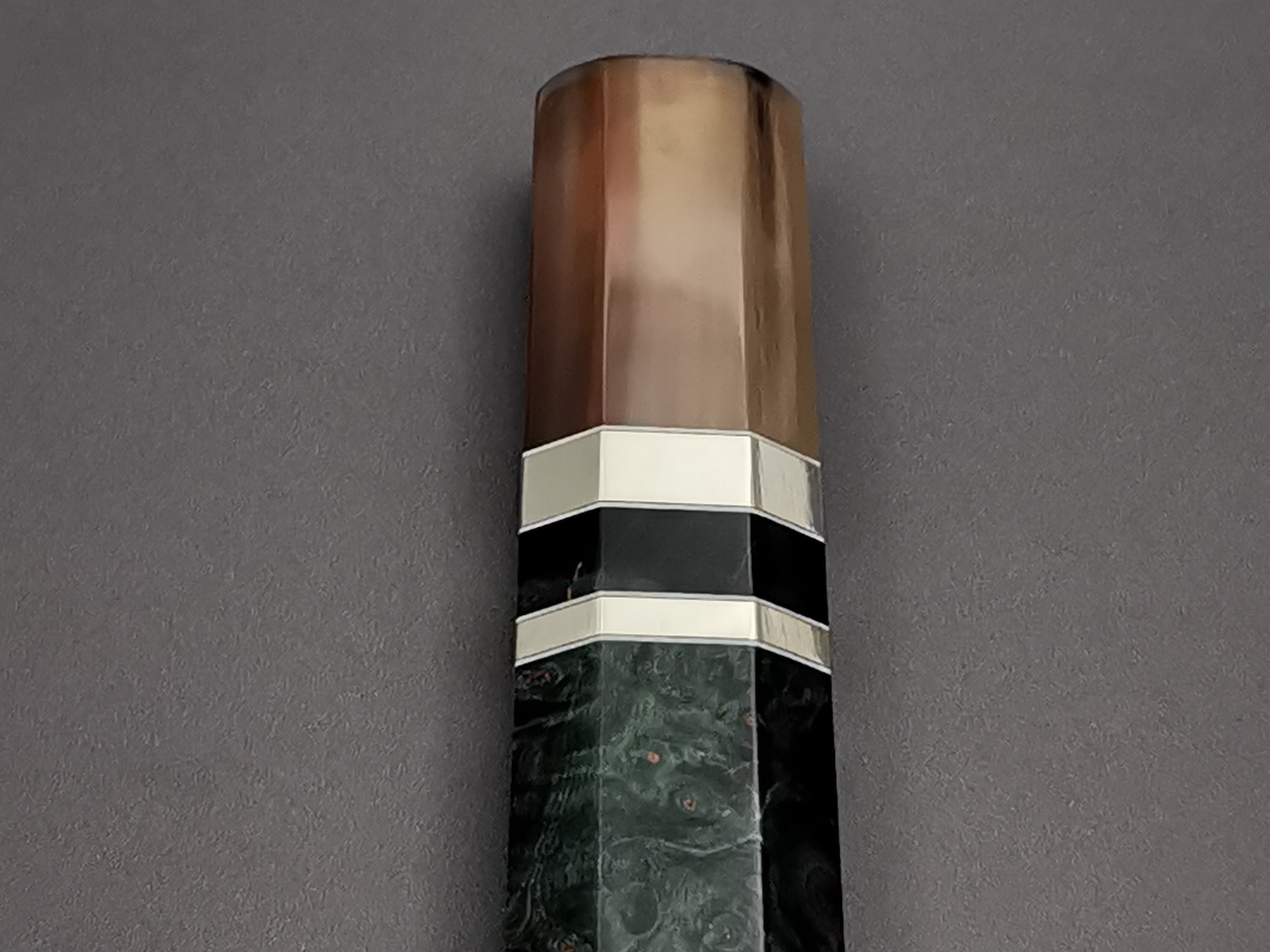 Blue/Green stabilised maple with double marble buffalo horn and triple nickel silver rings