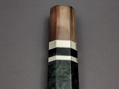 Blue/Green stabilised maple with double marble buffalo horn and triple nickel silver rings