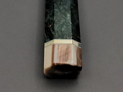Blue/Green stabilised maple with double marble buffalo horn and triple nickel silver rings