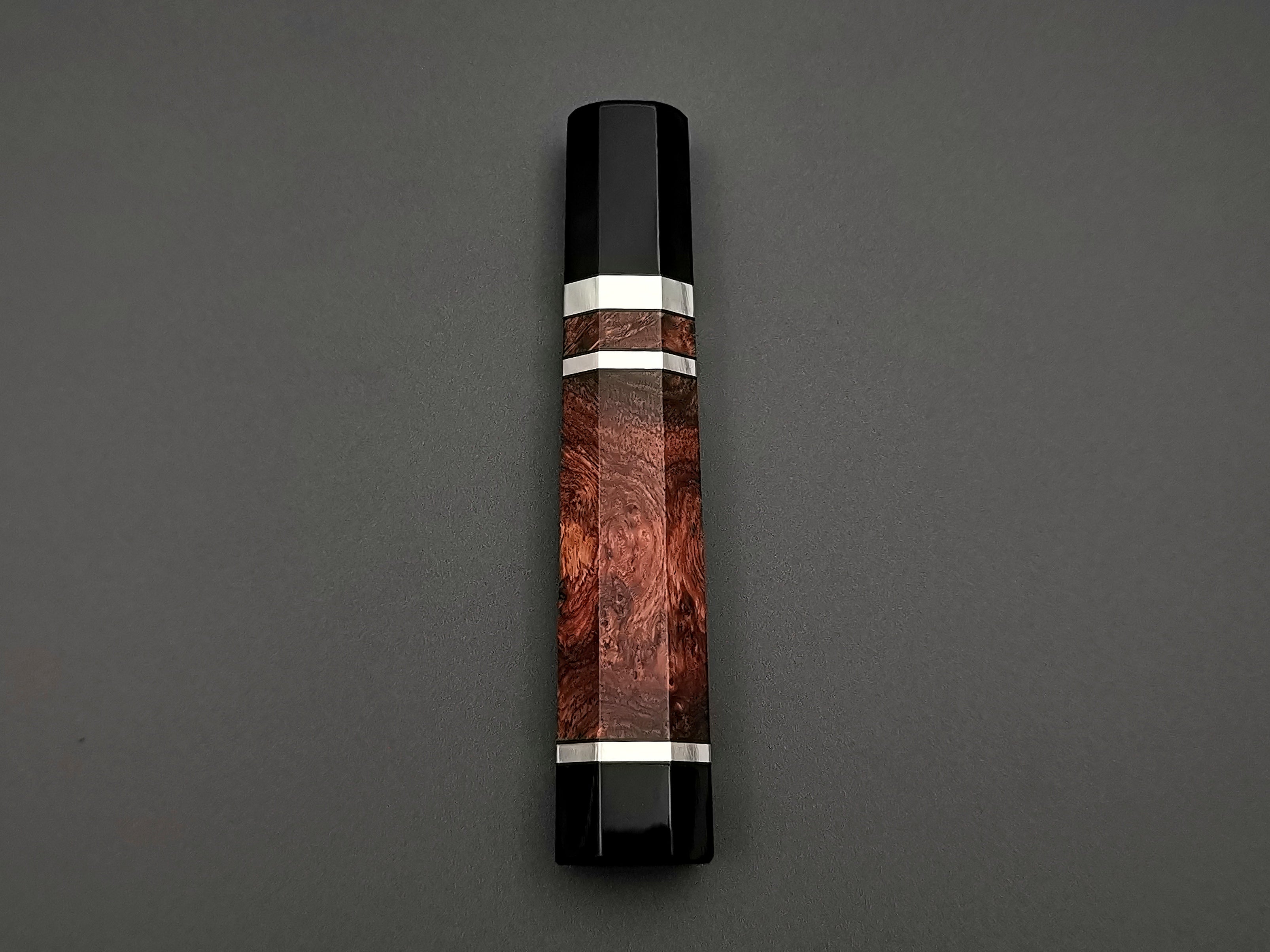 Bubinga burl with double black buffalo horn and triple nickel silver rings