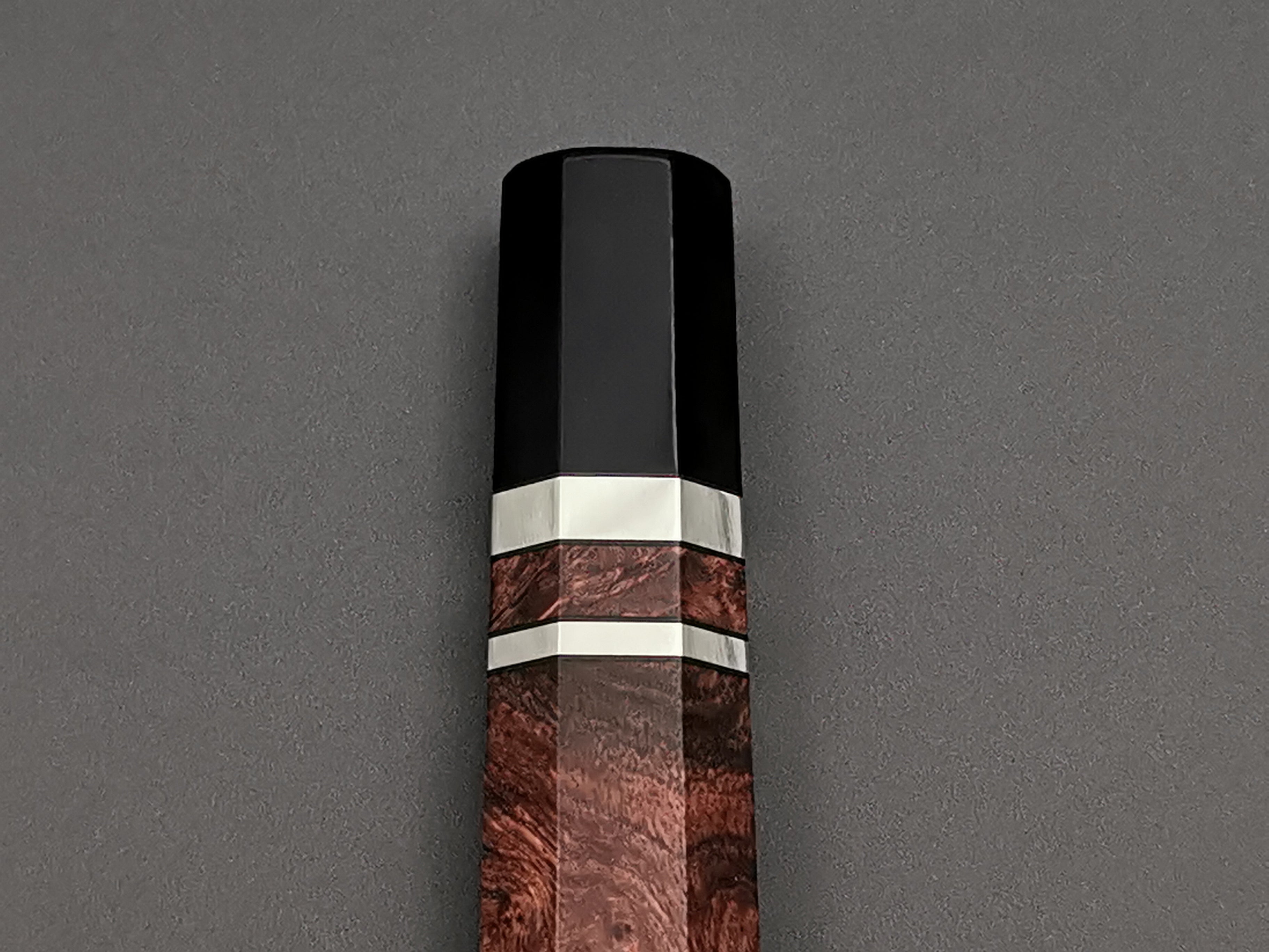 Bubinga burl with double black buffalo horn and triple nickel silver rings