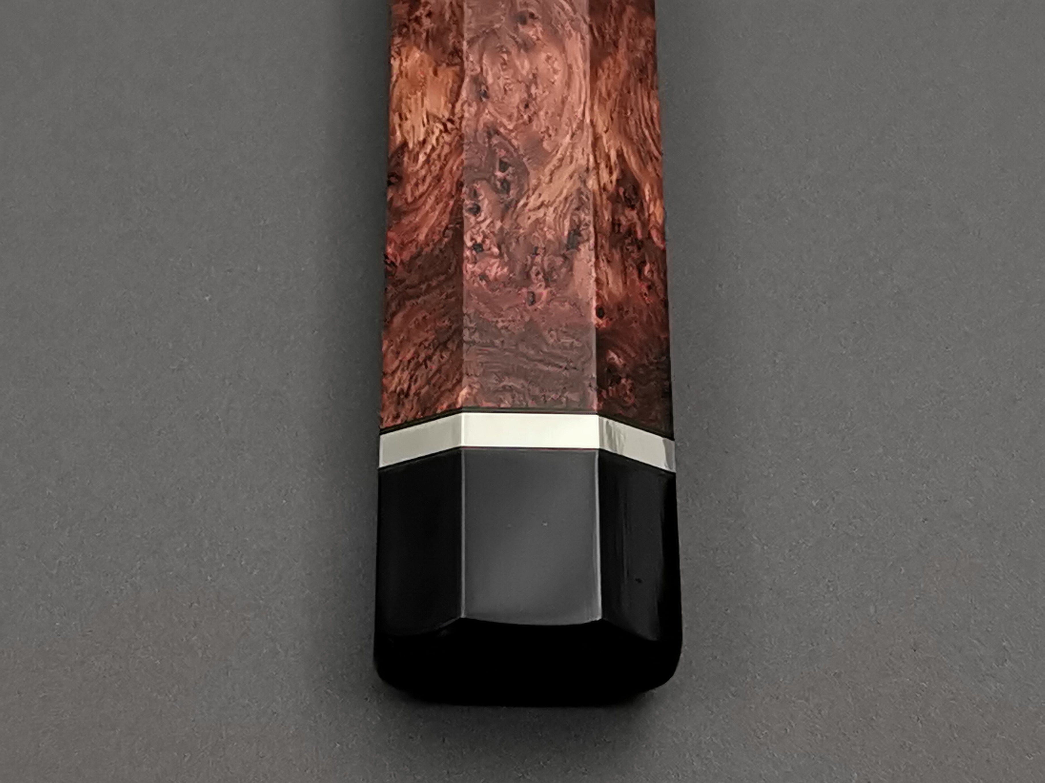 Bubinga burl with double black buffalo horn and triple nickel silver rings