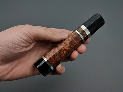 Bubinga burl with double black buffalo horn and triple nickel silver rings