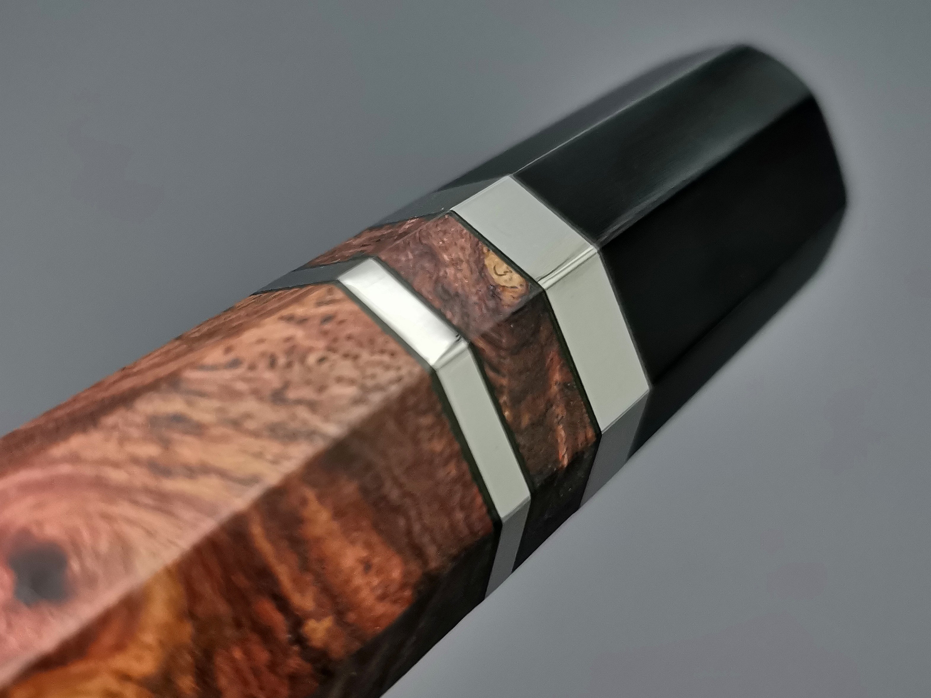 Bubinga burl with double black buffalo horn and triple nickel silver rings