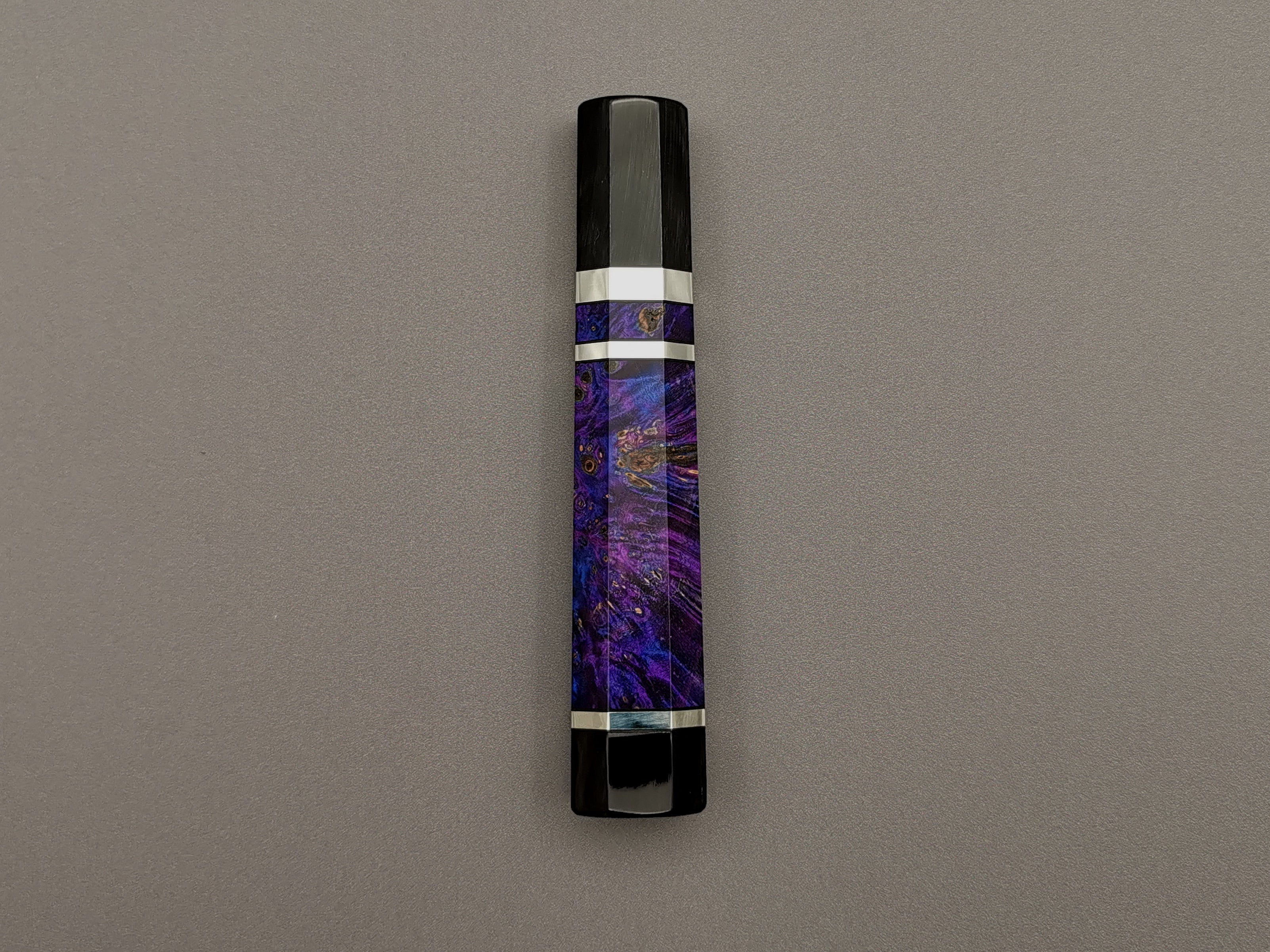 Purple stabilised maple with double black buffalo horn and triple nickel silver rings