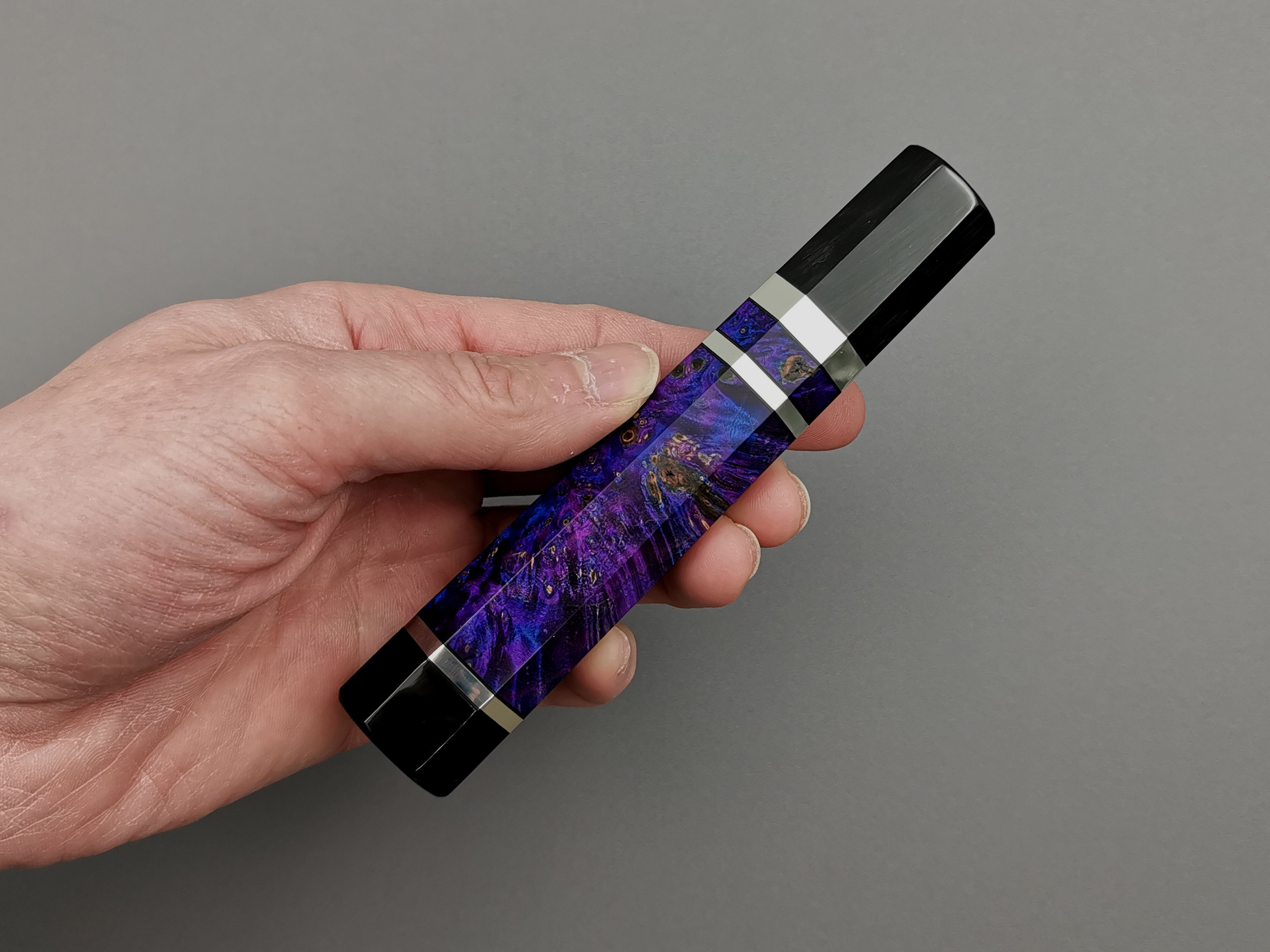 Purple stabilised maple with double black buffalo horn and triple nickel silver rings