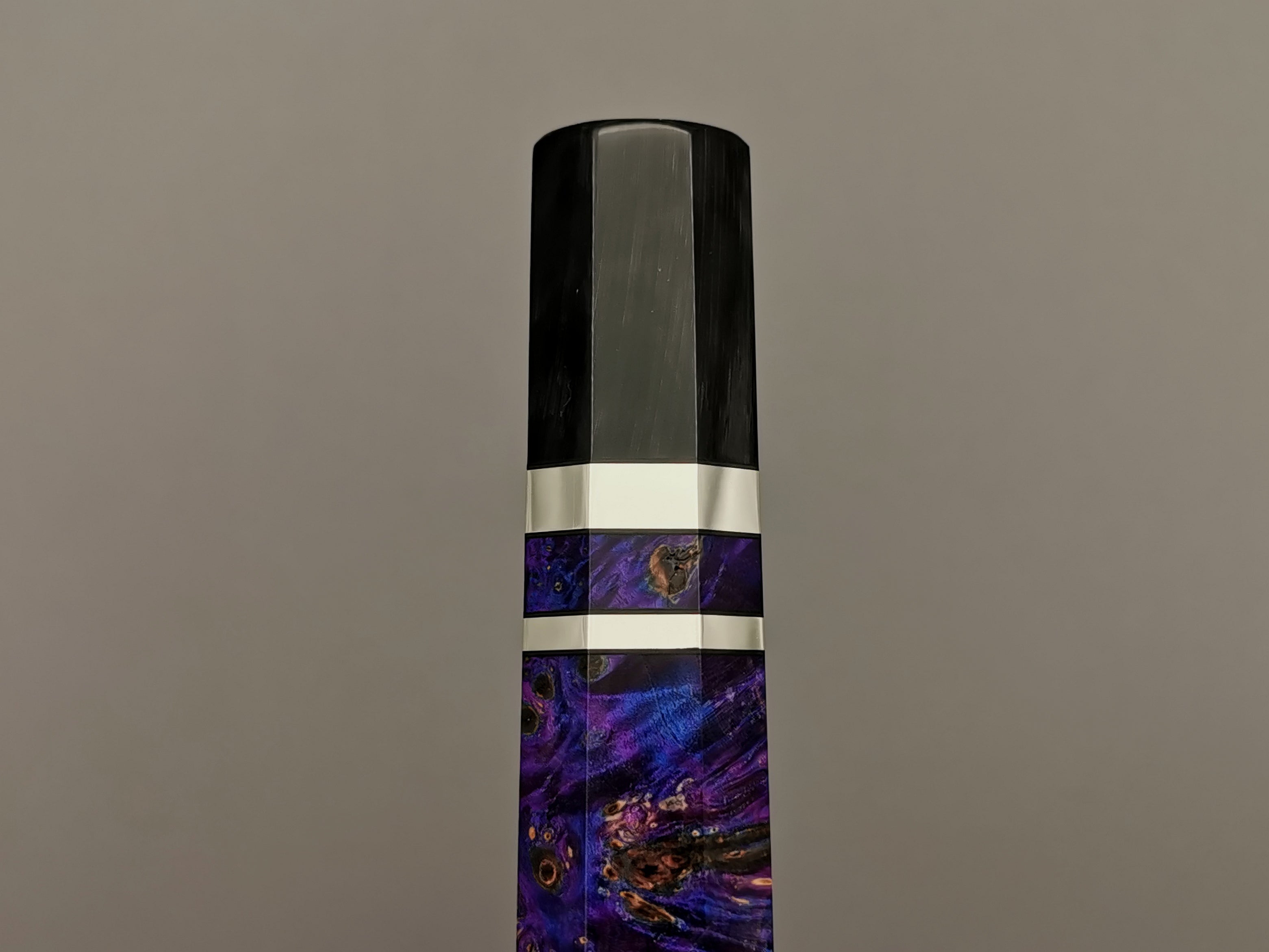 Purple stabilised maple with double black buffalo horn and triple nickel silver rings